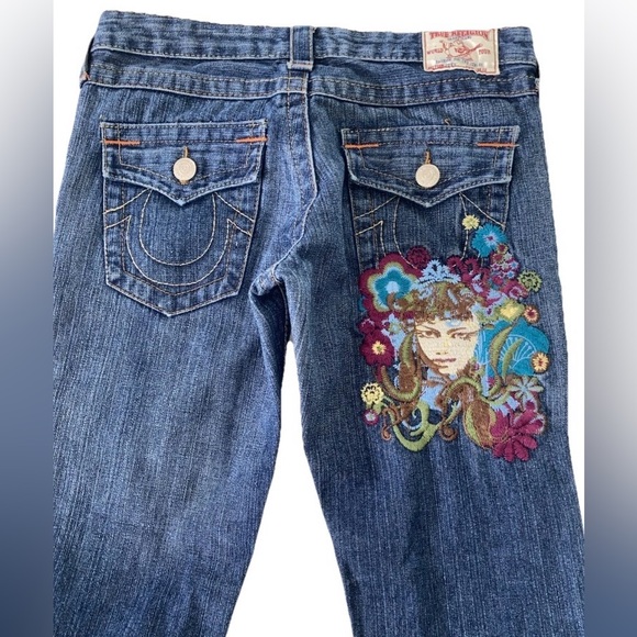 True Religion Joey Godiva Jeans Embroidered Floral Wide Leg Vintage Womens 27 - Picture 2 of 10